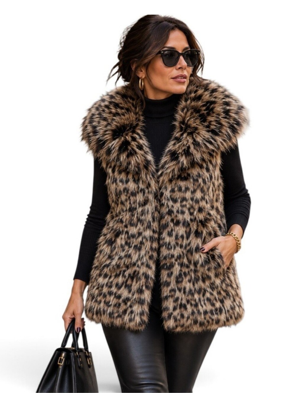 Caché Leopard Faux Fur Vest Oversized Collar Y2K Mob Wife Glam Large